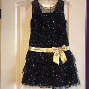 Girls Black Sparkle Dress with Gold Bow